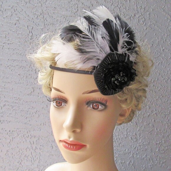 Fascinator / Headband, Black beads + black & white feathers on narrow black band - Picture 7 of 14